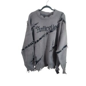 Zaful Anticeller Distressed Knit Sweater Gray Gothic Streetwear XXL New